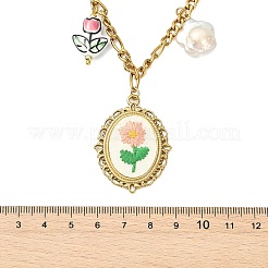 304 Stainless Steel Cloth Oval Embroidered Floral & Flower atural Keshi Pearl & Handmade Porcelain Glazed Hand Painted Tulip Flower Multi-Pendant Necklaces for Women&nbsp;NJEW-JN06354
