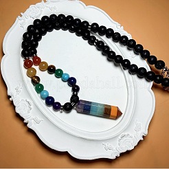 Colorful Chakra 8MM Round Natural Lava Stone Beaded Hexagonal Prism Pointed Healing Crystal Pendant Necklaces&nbsp;VZ5642