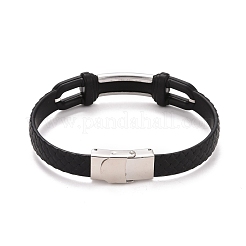 201 Stainless Steel Rectangle Link Bracelet with PU Leather Cord for Men Women&nbsp;BJEW-G649-07P-01