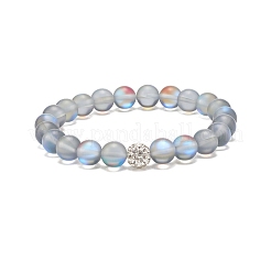 Synthetic Moonstone Round Beaded Stretch Bracelet with Rhinestone&nbsp;BJEW-JB07875