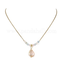 Baroque Natural Keshi Pearl Pendant 304 Stainless Steel Cable Chain and Natural Morganite Faceted Round Beads Necklaces for Women&nbsp;NJEW-JN06360