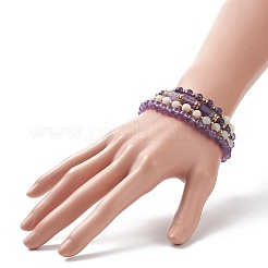 4Pcs 4 Style Natural Amethyst & White Crazy Agate & Brass Beaded Stretch Bracelets Set&nbsp;BJEW-JB08998