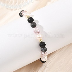 Natural Larvikite & Lava Rock Cultured Freshwater Pearl Beads Stretch Bracelets for Women&nbsp;BJEW-JB14084