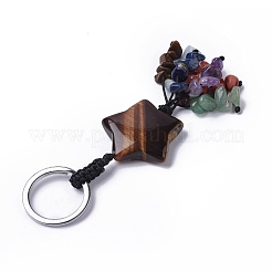 Tiger Eye Star with Mixed Gemstone Chips Beaded Tassel Keychains&nbsp;KEYC-P012-01P-05