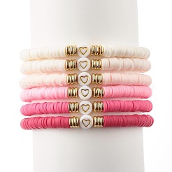 Handmade Polymer Clay Heishi Beads Stretch Bracelets Set with Heart Pattern Beads for Women&nbsp;BJEW-JB07449