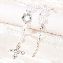 Brass Pave Clear Cubic Zirconia Cross Y Pendant Necklaces with ABS Imitation Pearl Handmade Link Chain&nbsp;NJEW-F364-06P