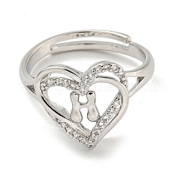 Heart with Letter Rack Plating Brass Micro Pave Clear Cubic Zirconia Adjustable Rings for Women&nbsp;RJEW-I105-01P-H