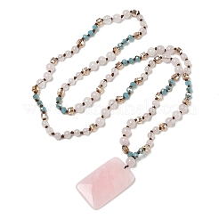 Natural Rose Quartz Rectangle Pendant Glass Beaded Long Necklaces&nbsp;GG-CBAE048-02B