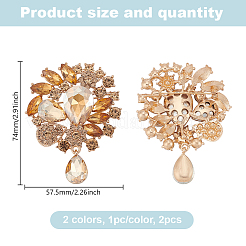 2Pcs 2 Colors Flower with Teardrop Zinc Alloy Rhinestone Brooch&nbsp;JEWB-GO0001-14