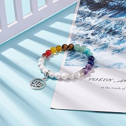 Natural Howlite & Mixed Gemstone Stretch Bracelet with Alloy Lotus Charms&nbsp;BJEW-TA00134-04