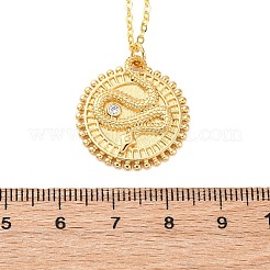 Brass Micro Pave Clear Cubic Zirconia Flat Round with Snake Pendant Necklaces&nbsp;NJEW-S438-02A-G