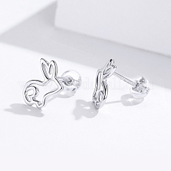 Anti-Tarnish Rhodium Plated 925 Sterling Silver Bunny Stud Earrings&nbsp;EJEW-FF0009-08P