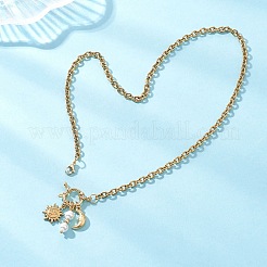 Round White Shell Pearl & 304 Stainless Steel Sun Moon Pendant Necklaces&nbsp;NJEW-JN05649