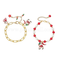 2Pcs 2 Styles Christmas Theme Alloy Enamel Charm Bracelets & Iron Paperclip Chain Bracelets Sets&nbsp;BJEW-JB12443-04