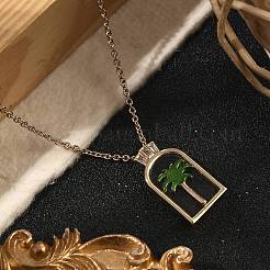 Arch with Coconut Tree Brass Enamel Pendant Necklaces&nbsp;NJEW-H051-03G