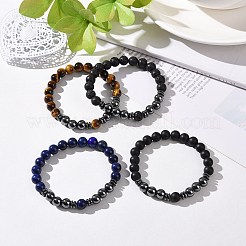 4Pcs Synthetic Hematite & Natural Black Agate(Dyed) & Lava Rock & Tiger Eye Beads Stretch Bracelets Set for Women Men&nbsp;BJEW-JB08938