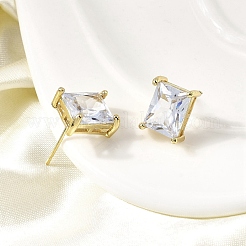 Brass Clear Cubic Zirconia Rectangle Stud Earrings&nbsp;EJEW-L261-025G