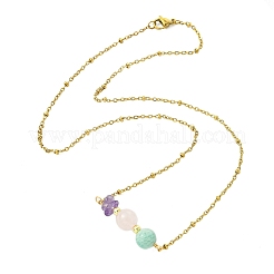 Round Natural Amazonite & Madagascar Rose Quartz & Chip Natural Amethyst Beaded Pendant 304 Stainless Steel Satellite Chain Necklaces for Women&nbsp;NJEW-JN06158-02