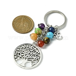 7 Chakra Gemstone Bead Pendant Keychain with Tibetan Style Alloy Tree of Life Charm&nbsp;KEYC-JKC00542