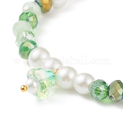 Glass Pearl & Flower Beaded Stretch Bracelet with Bell Charm for Women&nbsp;BJEW-JB08513