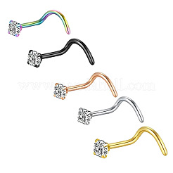 304 Stainless Steel Micro Pave Clear Cubic Zirconia Flat Round Fishtail Nose Rings&nbsp;WG924B3-02