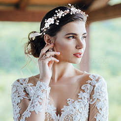 2Pcs 2 Colors Wedding Bridal Flower ABS Plastic Imitation Pearl Headband&nbsp;OHAR-GO0001-09