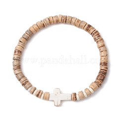 Cross Natural Coconut & Synthetic Turquoise Beads Stretch Bracelets for Women&nbsp;BJEW-JB11388-02