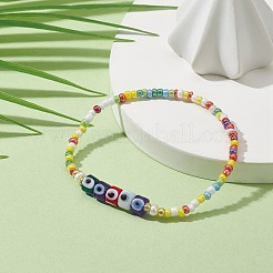 Natural Pearl & Evil Eye Lampwork & Seed Beaded Stretch Bracelet for Women&nbsp;BJEW-JB09371