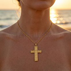 304 Stainless Steel Textured Religion Cross Pendant Necklaces&nbsp;WG0F8DA-01