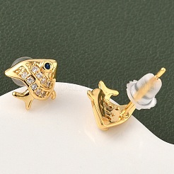 Brass Micro Pave Cubic Zirconia Fish Stud Earrings&nbsp;EJEW-D337-01G