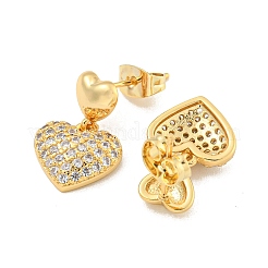 Heart Brass Pave Clear Cubic Zirconia Dangle Stud Earrings&nbsp;EJEW-M258-35G