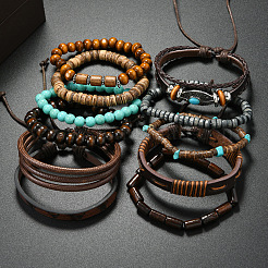 11Pcs 11 Styles Alloy & Wood & Coconut & Synthetic Turquoise Round Beads Stretch Bracelets & PU Leather Cord Bracelets Sets&nbsp;FS-WG1CC63-01