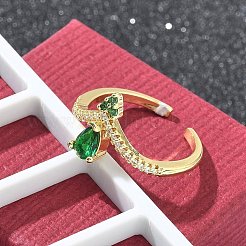 Rack Plating Teardrop Brass Micro Pave Cubic Zirconia Open Cuff Finger Rings for Women&nbsp;RJEW-M028-84G