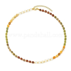 Gradient Natural Unakite & Quartz Crystal & Chinese Southern Jade & Yellow Aventurine & Sesame Jasper Cube Beaded Necklaces with Brass Round Beads&nbsp;NJEW-JN06612