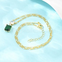 Brass Pave Clear Cubic Zirconia & Green Glass Perfume Bottle Pendant Figaro Chain Necklaces for Women&nbsp;NJEW-F364-02G