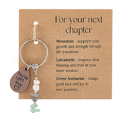 5Pcs Natural Chrysoprase Chip Bead with Wood Teardrop Pendant Keychain&nbsp;KEYC-FG00007