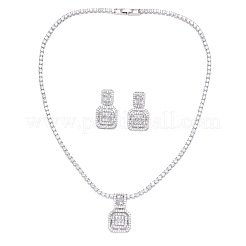 Square Brass Micro Pave Clear Cubic Zirconia Pendant Necklaces & Stud Dangle Earrings Sets&nbsp;FS-WG98D1F-01