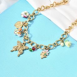 304 Stainless Steel Butterfly & Acrylic & Ceramic Flower Pendant Necklaces for Women&nbsp;NJEW-A063-13G