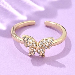 Adjustable Brass Micro Pave Clear Cubic Zirconia Cuff Rings&nbsp;X-RJEW-G096-42G