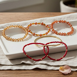 7Pcs 7 Styles Round Glass Seed Beads & Brass & Natural Sunstone & Citrine & Morganite Beads Stretch Bracelets for Women&nbsp;UX1023-1