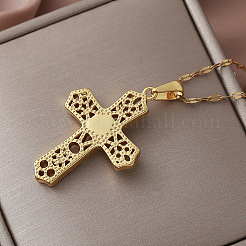 Vintage 304 Stainless Steel Pave Clear Cubic Zirconia Religion Filigree Cross Pendant Necklaces&nbsp;NA2735