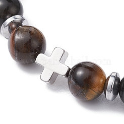 Natural Tiger Eye & Obsidian Round & Brass Cross Braided Bead Bracelets&nbsp;BJEW-JB09704-02