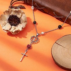 Skull & Round Synthetic Turquoise & Natural Lava Rock Rosary Bead Necklace&nbsp;NJEW-JN04388