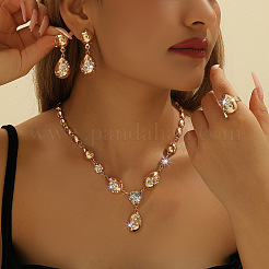 Teardrop Alloy Rhinestone Pendant Necklaces & Stud Earring & Rings Sets for Women&nbsp;FS-WG09A79-01