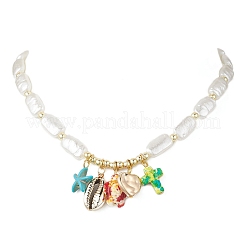 Dyed Synthetic Turquoise Turtle Cross Starfish and Electroplated Shell Pendant ABS Plastic Imitation Pearl Rectangle Beaded Necklaces for Women&nbsp;NJEW-JN05792