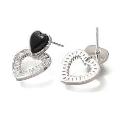 Brass Cubic Zirconia & Black Agate Stud Earrings&nbsp;EJEW-M048-03P