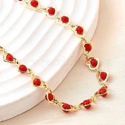 Brass & Red Faceted Glass Heart Link Chain Necklaces for Women&nbsp;NJEW-D314-05G