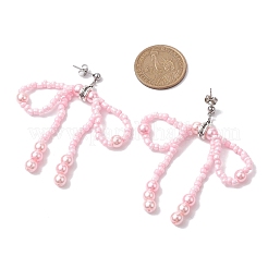 Glass Seed & Imitation Pearl Bowknot Dangle Stud Earrings&nbsp;EJEW-MZ00124