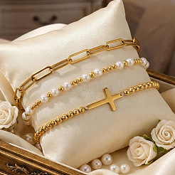 3Pcs Cross 304 Stainless Steel & Imitation Pearl Beaded Stretch Bracelet Sets&nbsp;PU8639-1