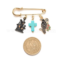 Halloween Castle & Crow Alloy Enamel Charm Safety Pin with Synthetic Turquoise Cross&nbsp;JEWB-BR00069-04